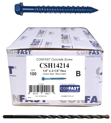 CONFAST 1/4 x 2-1/4 Hex Head Concrete Screw Anchor with Drill Bit for Anchoring to Masonry, Block or Brick (100 per Box)