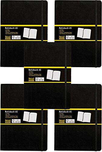 Idena 5er Sparpack 209284 - Notizbuch, 192 Seiten, 80 g/m², schwarz (DIN A5 | 5 Stück, liniert)