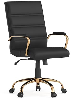 Flash Furniture Whitney Mid-Back Swivel LeatherSoft Desk Chair with Wheels, Padded Seat and Armrests, Adjustable Height Padded Office Chair, Black