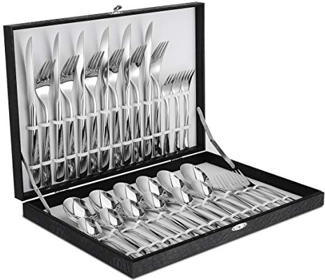 Velaze Besteck Set 6 Personen, 30 Stück Besteck aus hochwertigem Edelstahl, Besteckset mit Geschenkbox inkl. Messer/Gabeln/Kuchengabeln/Löffel/Kaffeelöffel, Poliert Essbesteck Spülmaschinenfest