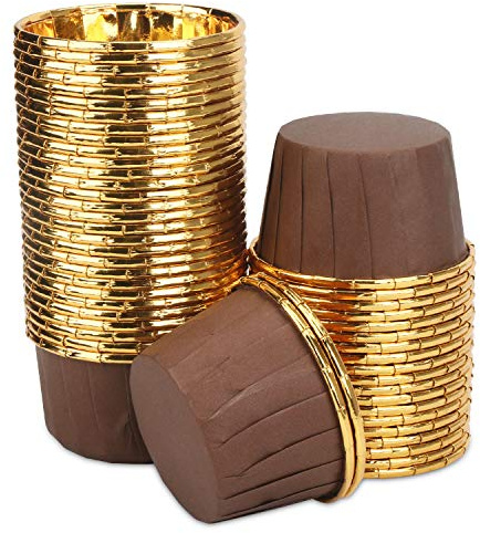 Eusoar, 50 stampi in alluminio per cupcake, muffin usa e getta, mini tazzine da forno, in alluminio, per pirottini, mini tazze per budino Oro + caffè.