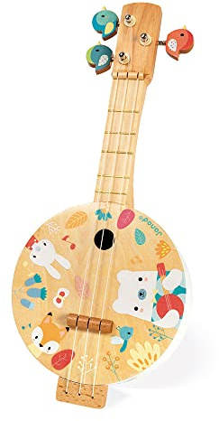 Janod - Banjo Pure en Bois - Imprimé de Jolies Illustrations, Peinture à l'eau - Clefs d'Accordage en Forme d'Oiseau - Jouet d'Imitation - 3 Cordes de Rechange - Banjo Enfant, de 3 à 8 Ans, J05160