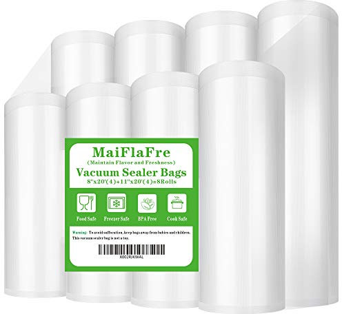 MaiFlaFre 8 Pack 8x20'(4Rolls) and 11x20' (4Rolls) Vacuum Sealer Bags Rolls with BPA Free, Heavy Duty.Vacuum Sealer Bags Rolls Compatible with Any Types Vacuum Sealer