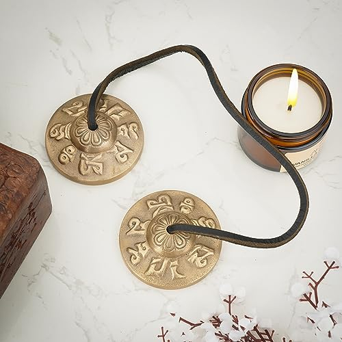 Ajuny Tibetanos Tingsha Platillos - Campanas de Meditación Budista Artesanales para Yoga Grabadas con el Símbolo OM Mane Padme Hum Instrumento de Sanación Manjira Regalos Espirituales