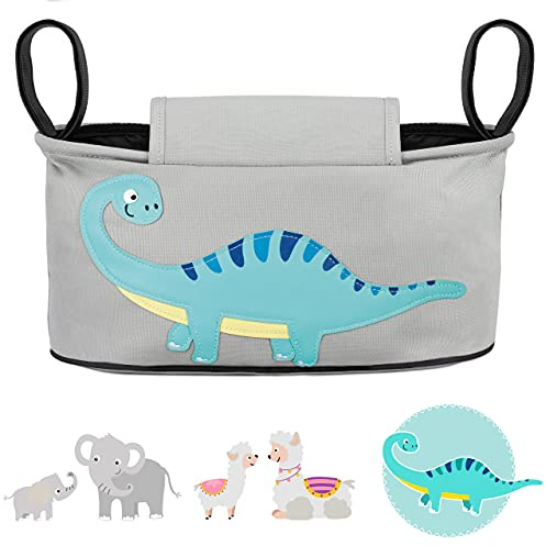 GLÜCKSWOLKE Kinderwagen Organizer - Kinderwagentasche - Dino I Grau | 12 Motive Auswahl I Kinder Buggy Tasche mit Feuchttuchspender I Baby Zubehör Stroller Bag I Aufbewahrungstasche Dinosaurier
