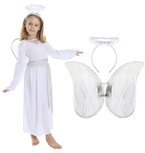Engelskostüm für Kinder - Größe S - weißes Engelskleid mit silbernen Details + silbernes Stirnband - Engelskostüm für Mädchen - Weihnachtskrippe Kostüm