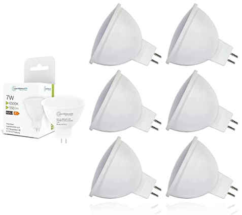 LIGHTWORLD24 Lampadine LED MR16 GU5.3 7W (equiv. 50W-60W alogene), 12V AC/DC, luce fredda 6500K, 550 lm, angolo 110°, confezione da 6 pezzi