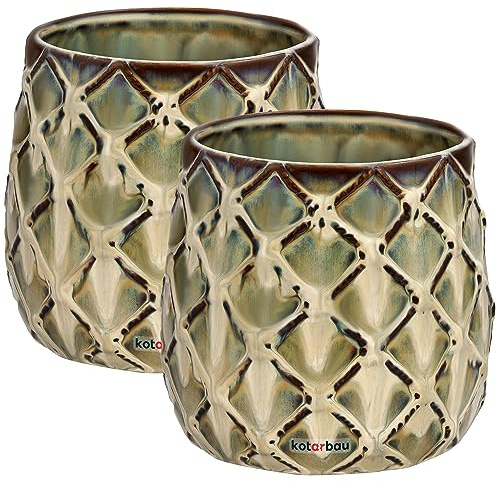 KOTARBAU® 2 x Maceta de cerámica esmaltada, Ø14,5 cm, Tiesto Decorativo para Flores y Plantas, Macetero Redondo para Interiores, Minimalista, Verde, Beige, Forma y diseño de una piña, Original, 2 UDS