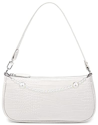 Right 20 Damen Umhängetasche Klein Weiß Mini Schultertasche mit Perlenkette 90s Handtasche Frau Vintage Shoulder Mini Handtasche Clutch Geldbörse Messenger Bag
