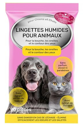 Japan Premium Pet Lingettes Nettoyantes pour Chiens et Chats 90 pcs | Lingette Chien Nettoyante pour la Bouche, Les Oreilles et Les Yeux | Lingette Nettoyante Chat | Toilettage du Chien Accessoires