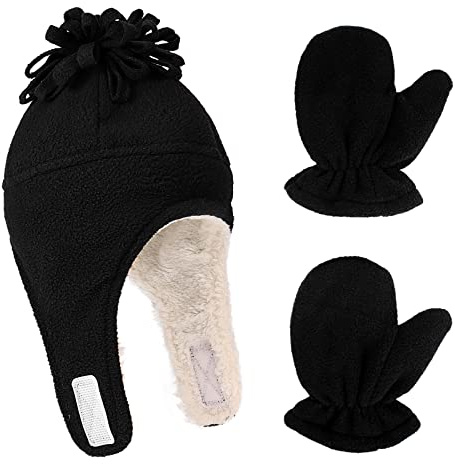 LACOFIA Beanie Beanie Kepsar & Grips Varm Fleece Baby Pilot Vintermössa med Öronmuffar och Barnhandske, A-svart, 3-10 anni