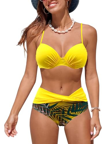 JFAN Dam Hög midja Bikini Med Rufsar Tryckta Tryck Upp Dräkter Kvinnor Två Delar, Gul, L
