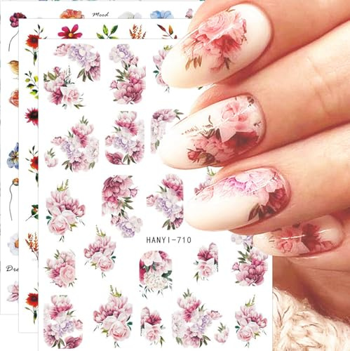 JMEOWIO Nagelsticker Frühling Blume 10 Blatt Nail Art Sticker Selbstklebend Nagelaufkleber Buntes Blumen Sommer Dekoration Nageldesign Zubehör