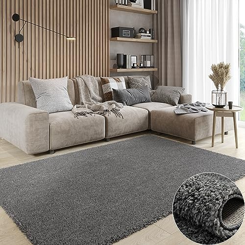 MY-RUG Shaggy Star kuscheliger Langflor Teppich, Rutschhemmende Unterseite, extra Langer Hochflor 37 mm, Pflegeleicht, Super Soft, Felloptik, grau, eckig 90 x 60 cm