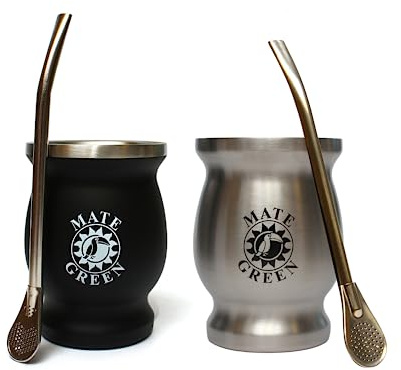 Gaucho Cebar Yerba Mate-Tee Set per due tazze termomate in acciaio inox nero e argento | Bombilla Stohhalm per tè | Set di tazze da tè Mate, facile da pulire e molto resistente