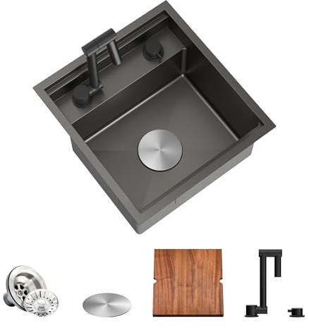 TORVA Black Workstation Undermount Sink for Bar RV Kitchen,40.6x43.2x23 cm | with Built-in Foldable Faucet – 16 Gauge Stainless Steel
