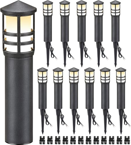 SUNVIE 12-Pack Low Voltage Landscape Pathway Lights 3W Outdoor Landscape Lighting 3000K 12-24V LED Bollard Path Lights Wired CRI 90+ Aluminum Pathway Lighting for Walkway Yard Garden, ETL Listed Cord