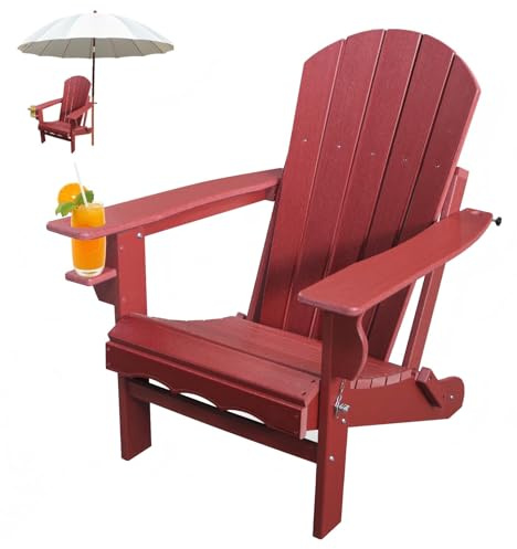 Adirondack Klappbarer Terrassenstuhl, HDPE-Feuerstellenstühle, wetterbeständig, Adirondack-Stuhl für den Außenbereich, mit Getränkehalter und Schirmloch, Holzstruktur, Dunkelrot