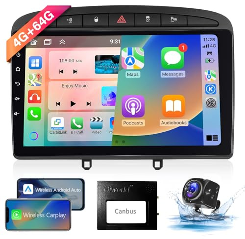 【8 kärnor 4+64G】Hodozzy Carplay bilradio för Peugeot 308/408 2007–2015, 9-tums pekskärm android bilradio med Android Auto/WiFi/GPS/RDS/FM/Bluetooth/USB+backkamera