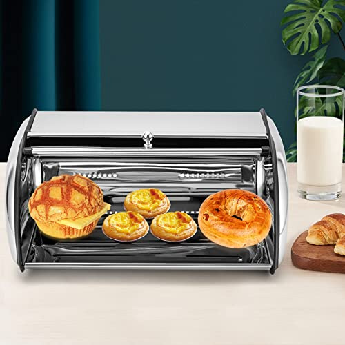 Shiyinge Contenitore per pane alimentare in acciaio inox, da 5 l, per il pane, per la casa, per il pane, per la casa, il pane, con manico, coperchio arrotolabile, per finestra trasparente, in metallo,