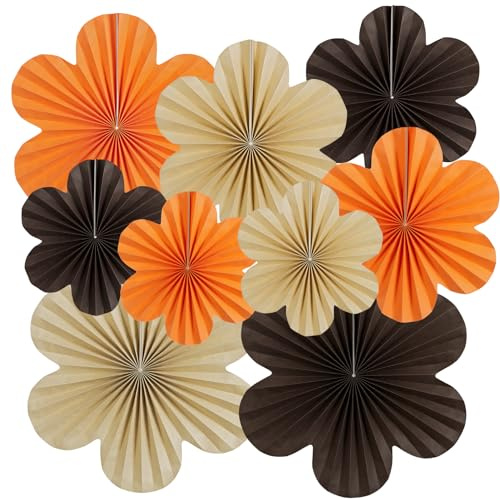 Homarkable 9 Stück Papier Fächer Deko Set - Rustikale Holzoptik in Braun & Orange mit Kaffeeblumen-Muster, Hängedekoration für Hochzeit, Geburtstag, Gartenparty & Tea-Party, Blumen Faltfächer