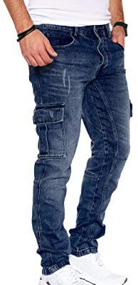 Styleko Herren Cargo Jeans Hose für Männer Jungen Regular Slim Fit Denim Destroyed Jogger Freizeithose Casual Pants Stretch | 7 Taschen 8003 (Dark Blue, 38/32)