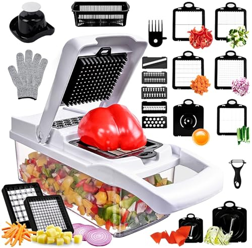 Vegetable Chopper,25 in 1 Multifunctional Food Chopper with Container,Kitchen Vegetable Slicer Dicer Cutter,Veggie Chopper Fruit Salad Potato,13 Blade Stainles Steel Blades（White）