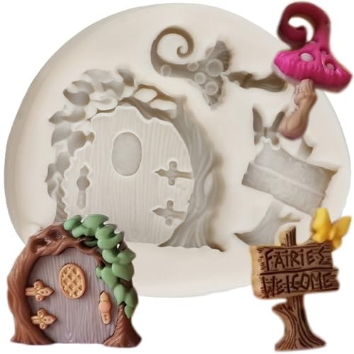 MINFEIDMS Enchanted Vintage Fairy Garden Fairy Gnome Home Door Mushroom Silicone Fondant Moulds for Sugar Cake Decorating Cupcake Topper Candy Chocolate Gum Paste Polymer Clay