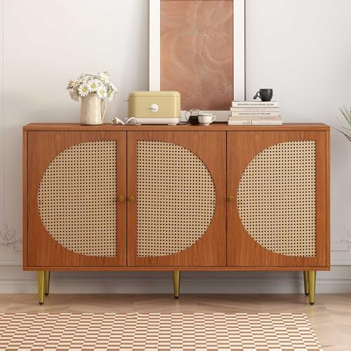 NIUAWASA Sideboard mit 3 Rattan Verzierten Türen Kommode Highboard mit Metallgriffe, für Schlafzimmer & Wohnräume & Büro, Nussbaum 129.8X 40x 76cm