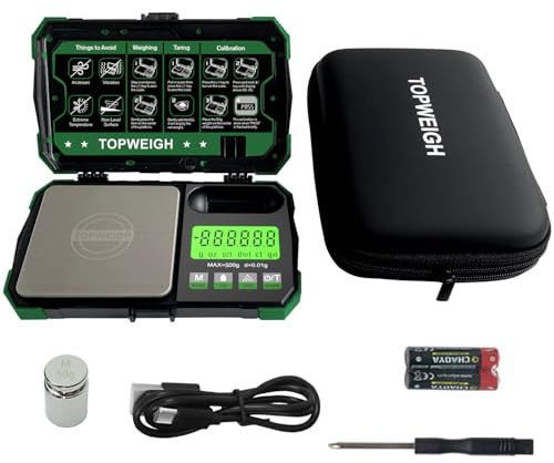 TOPWEIGH Pocket Scale, Dual Powered, Precision Gram Jewelry Scale with Zipper Case, Digital Small Coin Scale, Large Backlight Display, 500g x 0.01g, 6 Weighing Units,Cal Weight, USB Cable Included