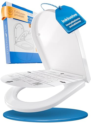 LOBENSWERK Tavoletta WC Forma D [LUNGA] Montaggio Facile | Copriwater Forma D con Chiusura Rallentata | Sedile WC Forma D antibatterico & resistente UV incl. dima montaggio