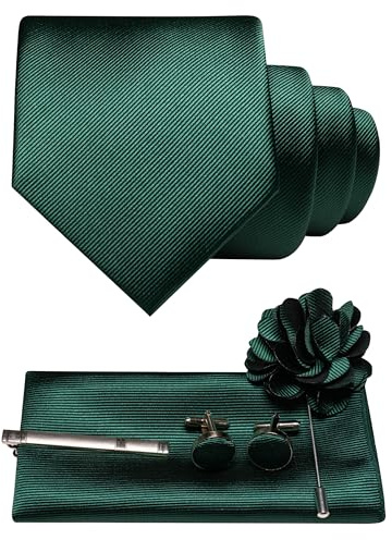 JEMYGINS Cravatta da Uomo in Twill con Design Monocromatico Incluso Quadrato da Taschino, Gemelli e Fermaglio per Cravatta con Spilla a Fiore, Set Regalo per Feste, Business, Matrimoni, Verde scuro, M