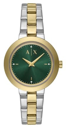 Armani Exchange Watch for Women, Quartz Movement and 36mm Case Size with Stainless Steel, Leather or Silicone Strap Goldton und Grün,36MM
