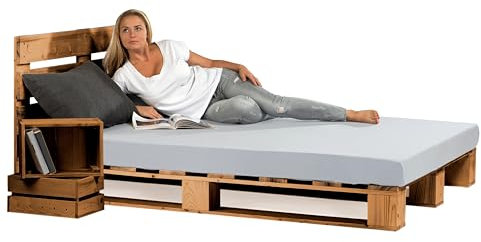 Lermowood Palettenbett M1 aus Holz 200 x 200 cm Eiche mit Kopfteil Holzbett 20cm Stabiles Seniorenbett Kinderbett Jugendbett Gästebett erhöhtes Einzelbett Bettgestell Futonbett Komforthöhe Naturholz