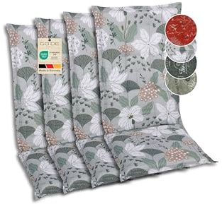 GO-DE Textil Bequeme und attraktive Polsterauflagen für Hochlehner-Gartenstühle (4er-Set, Ginkgoblatt grün, Hochlehner)