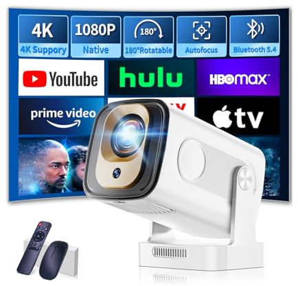 【App integrata】Mini Proiettore 1080P FHD, 2026 Proiettore 4K Supporta Proiettore Portatile WiFi 6 Bluetooth 5.4 Auto Keystone, HDMI/Phone/USB/TV Stick/Laptop, con Cavo HDMI & Mouse Bianco