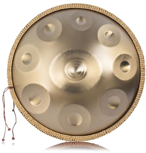 LOMUTY Handpan 432 HZ Avanzato/Principiante, Hand Pan 9 Note 19 Pollici, Tamburo-Acciaio in D Minore, Tamburo a Mano con Borsa per Trasporto e Supporto, Steel Drum per Sound Healing, Meditazione, Oro