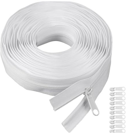 Altaroo Endlosreißverschluss mit Zipper, Reissverschluss Nylon Weiß 5m, ReißVerschluss mit 10 Zipper Metall Weiß, ReißVerschlüsse, Zipper, Reisverschluss Teilbar für Bettwäsche Kleidung Tasche