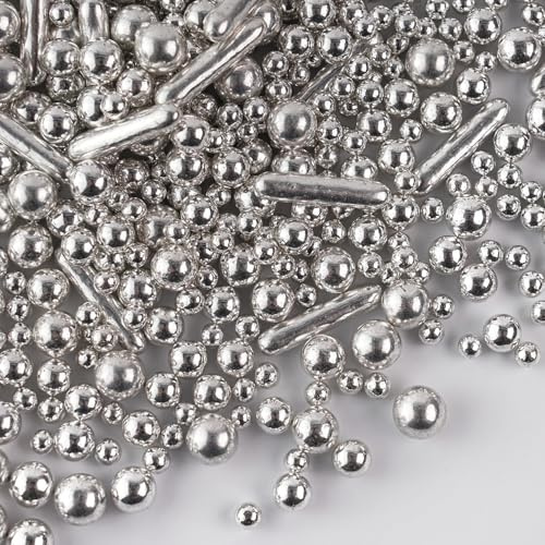 130g Silver Cake Sprinkles, Edible Pearls for Cake Decorating, Edible Sugar Balls Rods for Cupcake Topper Cake Decorations On Baby Shower Birthday Wedding Christenings & Parties