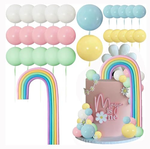 Rainbow Cake Decorations,28 Piece Pastel Rainbow Ball Cake Toppers Set Mini Balloon Balls for DIY Cupcake Cake Decorations Wedding,Baby Shower Birthday Party Supplie