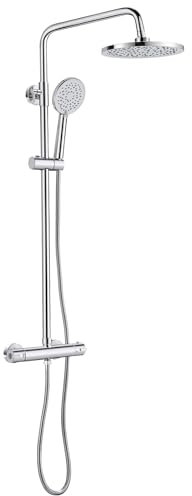 Thermostatic Shower Mixer Set, Bevankly Round Shower System, Thermostatic Shower Bar Set with Rainfall Shower, 3 Jet HandheldShower, Adjustable Height 80-117cm, Chrome