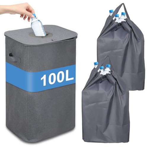 Jaxguom Récipient de collecte de bouteilles consignées - 100 l - Avec couvercle et 2 sacs de transport - Récipient de rangement pour produits vides et verre usé - Robuste - Pour la cuisine - Gris