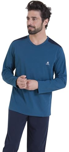Athena - Pigiama Lungo da Uomo, Ecopack- Jersey 100% Cotone Traspirante - Maglietta a Maniche Lunghe + Pantaloni - Etichetta Oeko-Tex® Standard 100, Alto Atlantico/Basso Marino, XXL