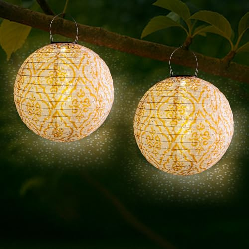 KUWUNG 2 Stück Solar Lampions Außen Wetterfest, 12 Zoll Außen Hängend Nylon Solar Lampions, Retro Vorsprung Led Lampions Solar Außen Wetterfest Für Garten, Balkon, Hof, Hochzeit, Party, Fest Deko