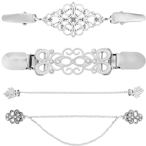 Lot de 4 clips pour cardigan - 4 styles de boucle d'écharpe en alliage de zinc - Vintage - Pour vêtements - Cardigan argenté - Pour femme et fille