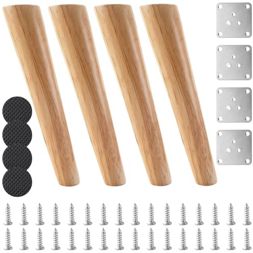 4 Pcs 40cm Wooden Furniture Legs, Solid Wood Sofa Replacement Feet with Metal Mounting Plates & Screws for Cabinet, Bed, Chair, Sofa, Dresser, Table, TV Stand - Natural Finish, Sturdy & Durable
