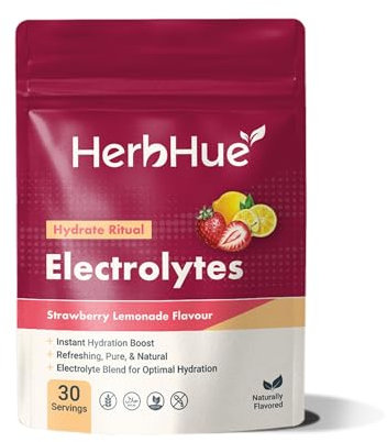 HerbHue Hydrate Ritual Electrolyte Powder | 30 Servings – 1000mg Potassium, Magnesium Citrate, Vitamin C, B12 + Trace Minerals | Strawberry Lemonade | Zero Sugar Hydration Mix