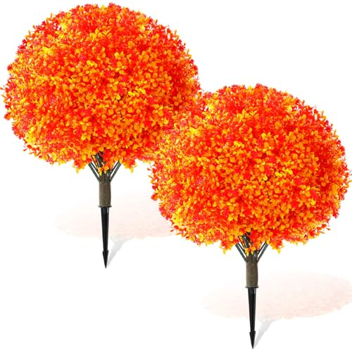 Yunlly Set of 2 Artificial Boxwood Topiary Ball Tree 27 Outdoor Boxwood Balls with Flower Faux Bush UV Resistance Fake Shrub Plant with Spike for Garden Porch Patio Decor (Fall Dark Orange,27x18inch)
