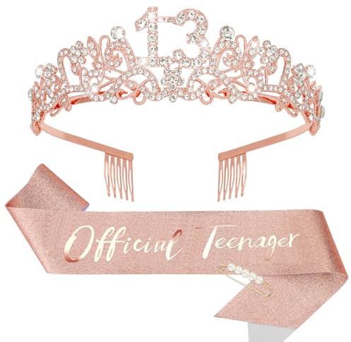 KIUEZIR 13. Geburtstagskrone & Schärpe Set in Roségold - Haltbare Legierung & Strass Blumen Tiara Diadem mit Anti-Rutsch Kämmen, Glitzer Schärpe & Perlen-Stecknadel für Deko 13 Geburtstag