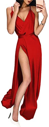 Élégante robe de soirée en satin à manches longues dos nu avec fente latérale pour femme, Rouge, 3XL